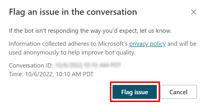 Screenshot of the Flag an issue confirmation message.