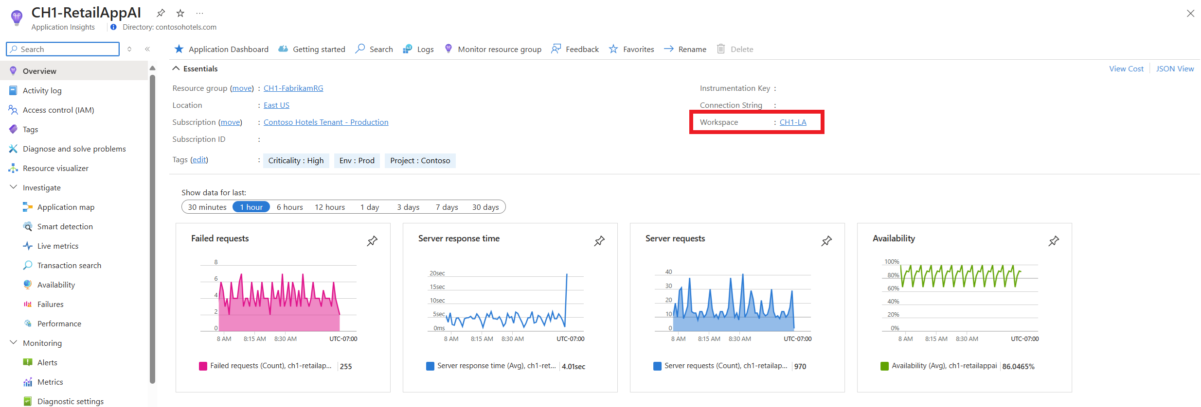 基于工作区的 Application Insights 门户概述页的屏幕截图。