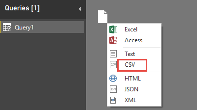 查询编辑器的屏幕截图，其中标注了“CSV”选项。