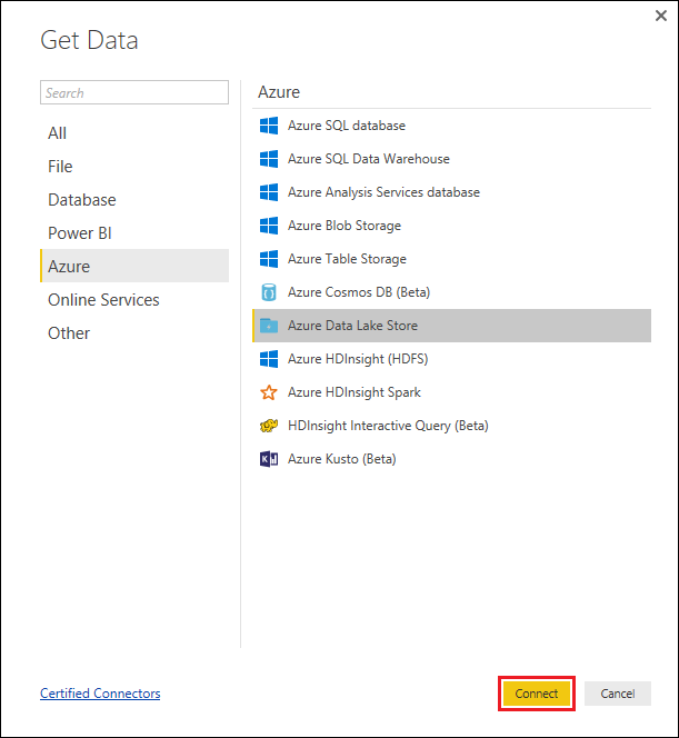 “获取数据”对话框的屏幕截图，其中突出显示了“Azure Data Lake Store”选项并标注了“连接”选项。