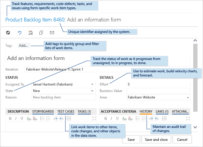 Screenshot of Work item form to track features or user stories, Azure DevOps Server 2015 and earlier versions.