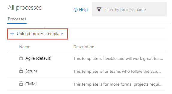On All processes there is a list of processes with names and descriptions. There is an + Upload process template option, and it is highlighted.
