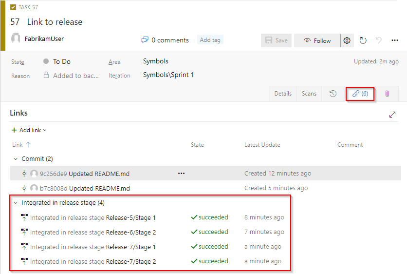 Screenshot showing linked releases in the task tab of a work item.