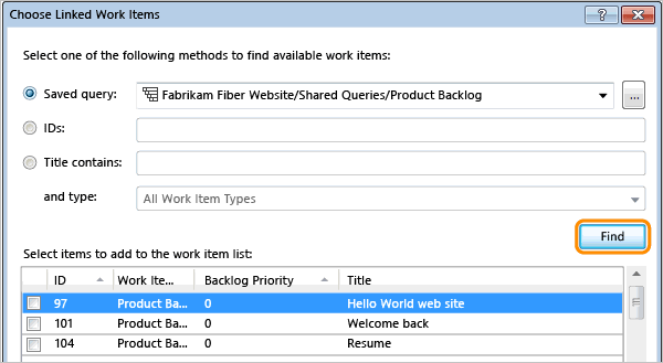 Find work items from the query to link to