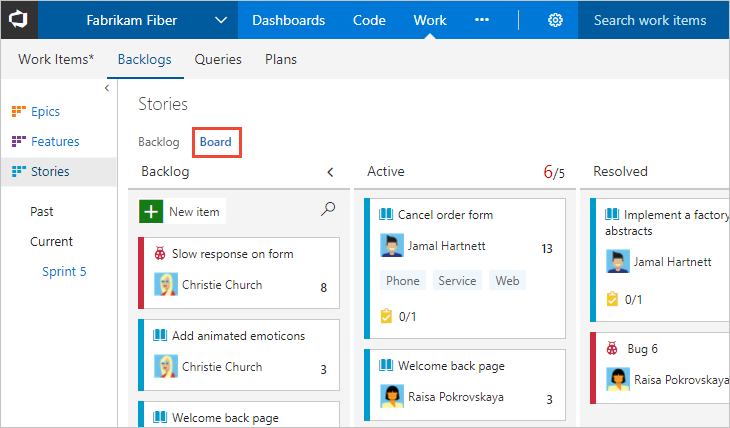 Open Kanban board, versions TFS 2017-2018.