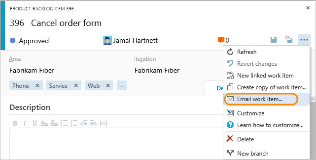Screenshot of work item form, context menu, Email work items option, TFS 2017 version.