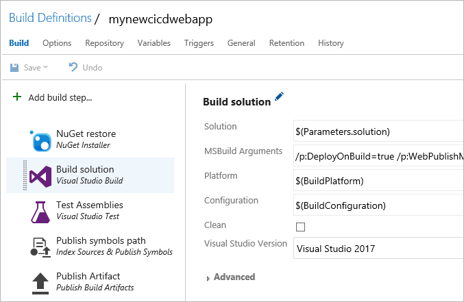 Viewing the newly created build pipeline