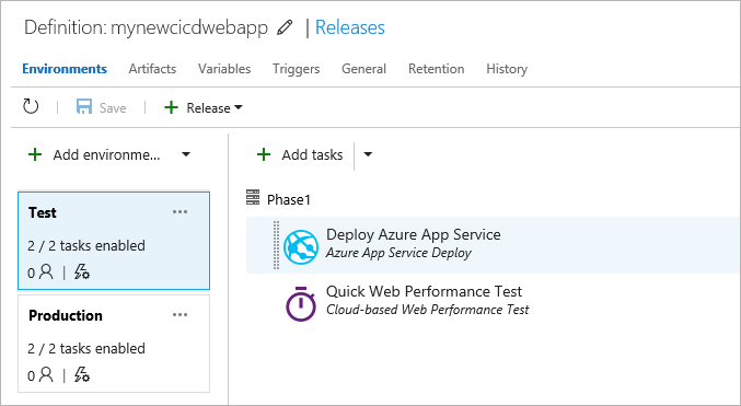 Viewing the Test stage in the newly created release pipeline