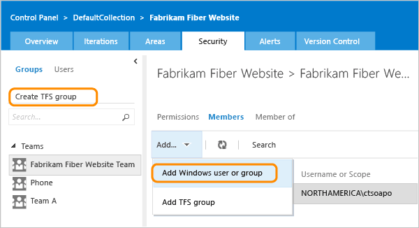 Create a VSO or TFS Group link on Security admin page 