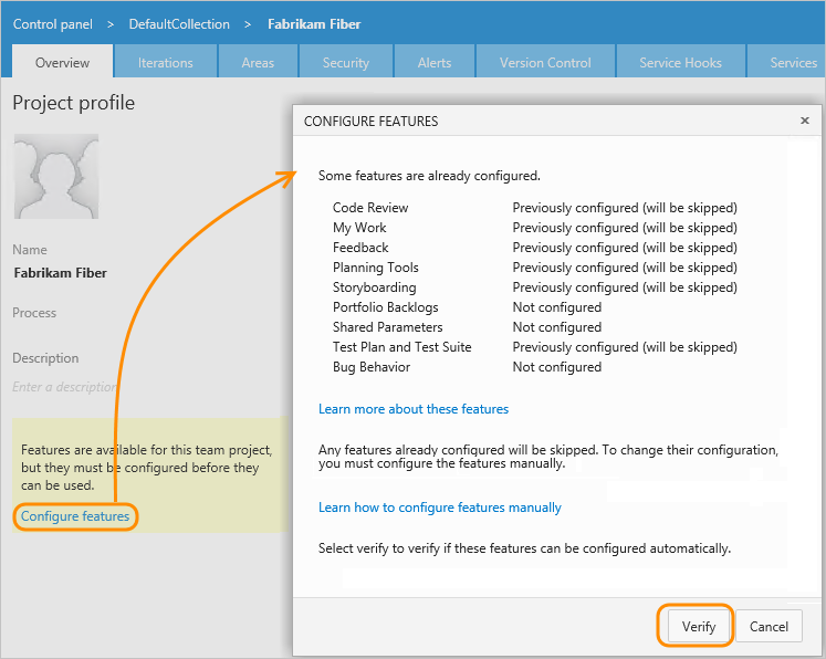 Configure features, list of features configured or not configured