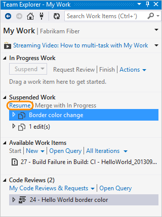 Resume link in the my work page of the Team Explorer