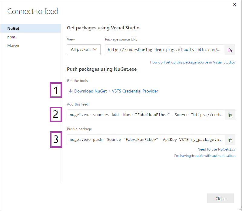 A screenshot showing how to connect to your feed with NuGet in TFS.