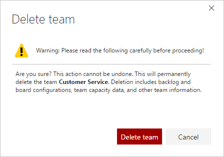 Delete team confirmation dialog