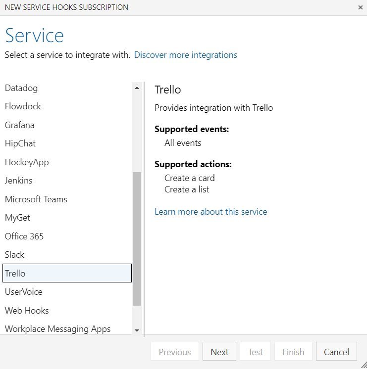 Screenshot showing services selection to integrate.