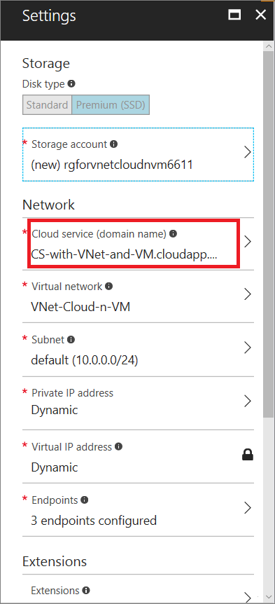 使用 VNet 时的 VM“设置”边栏选项卡