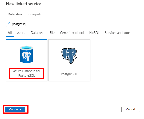 如何在 Azure 数据工厂中为链接服务选择 PostgreSQL 数据存储。