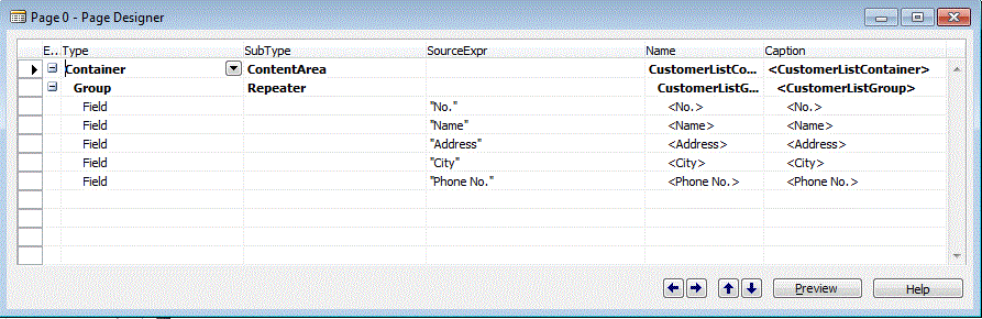 RTCPage_Customerlist Page Designer window