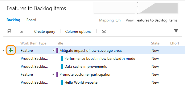 Add backlog items or bugs to features from the features backlog Add backlog items or bugs to features from the features backlog