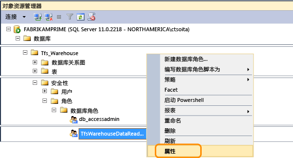 打开 Tfs_Warehouse 数据读取器角色属性