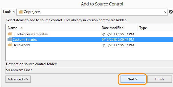 Select the items to add to source control