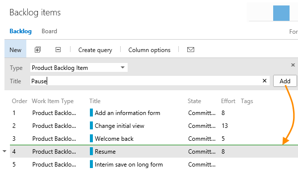 The backlog page with the target of the add command indicated by a green line The backlog page with the target of the add command indicated by a green line
