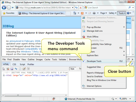 此图显示了 Internet Explorer 8 中“开发人员工具”工具栏按钮和“关闭”按钮的位置。