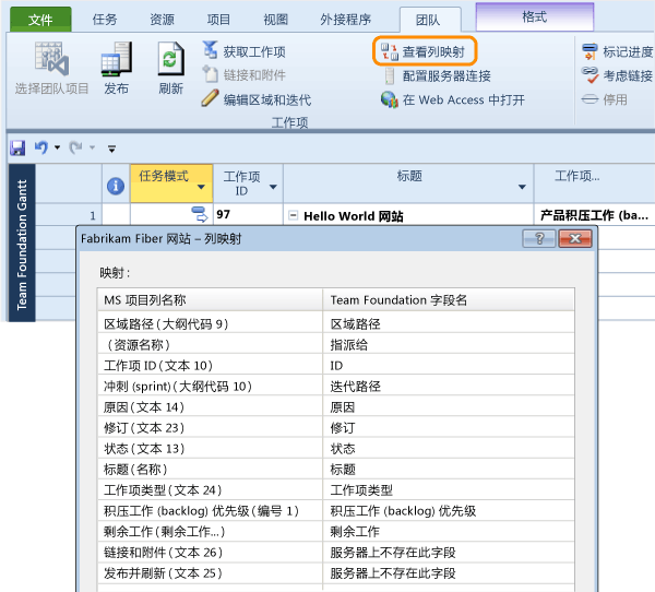 查看哪些 TFS 字段映射到 Project 字段