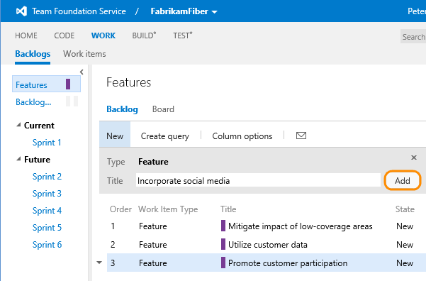 A features backlog with items added A features backlog with items added