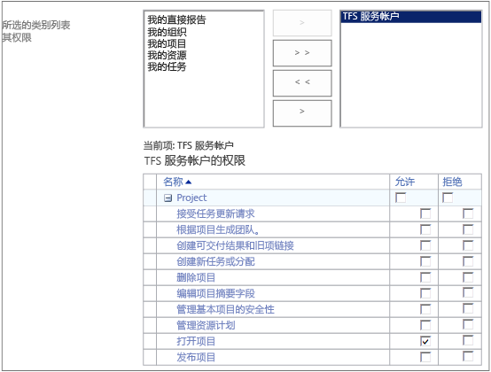 TFS 服务帐户的类别权限