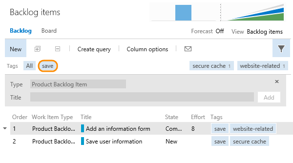 Filter applied to backlog items view Filter applied to backlog items view