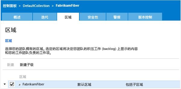 团队项目的“区域”页，TWA 管理上下文