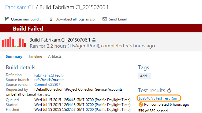 在“测试结果”中，打开测试运行摘要