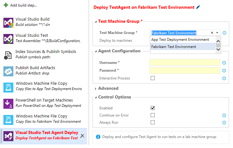 生成定义: 部署测试代理详细信息