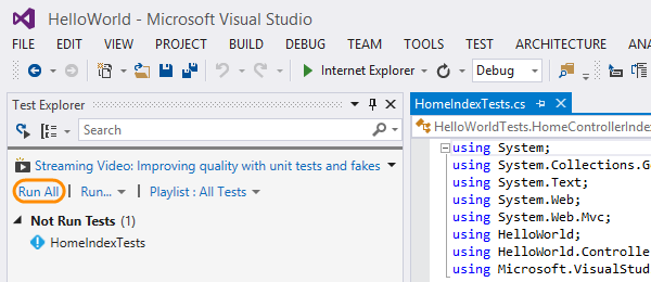 Run unit tests in the test explorer