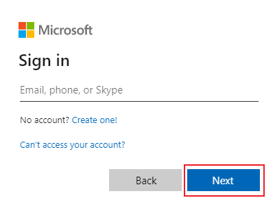 Microsoft 登录页的屏幕截图，其中“下一步”以红色突出显示。