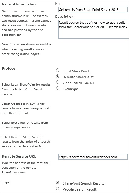 First four sections of result source page for getting hybrid search results from SharePoint Server 2013