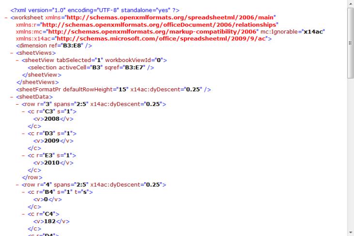 工作表部分中的 XML 示例