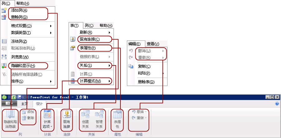 功能区“设计”选项卡映射到 Windows XP 菜单