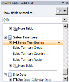 字段列表中的 Sales Territories 层次结构字段列表中的