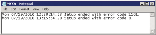 Figure 3 A report from two installation attempts on the computer MYKA