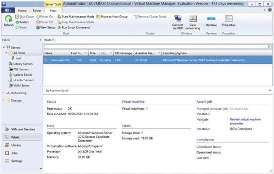 The VMM 2012 SP1 console has the familiar System Center look and feel