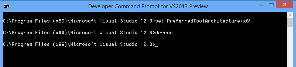 VS2013 预览版窗口的“开发”命令提示符的屏幕截图。