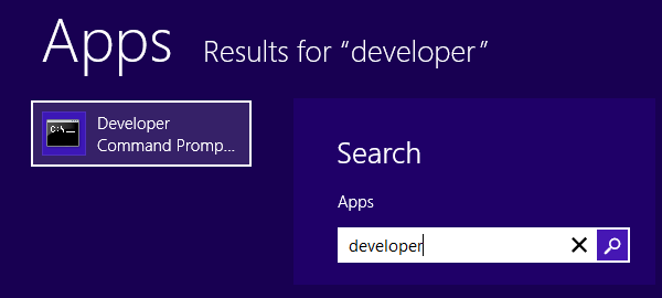 在搜索框中键入 developer 以查找开发人员命令提示。