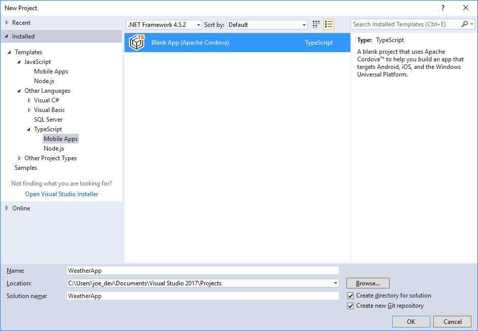 Visual Studio: New TypeScript Project