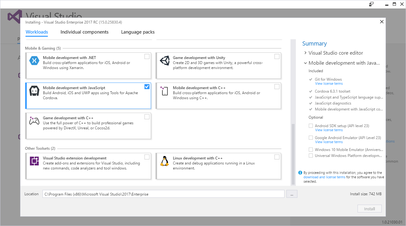 Selecting Cordova Tools Installation