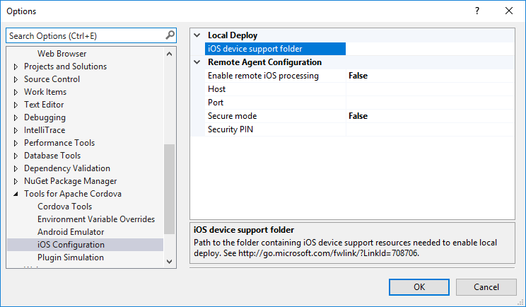 Visual Studio Tools for Apache Cordova Options