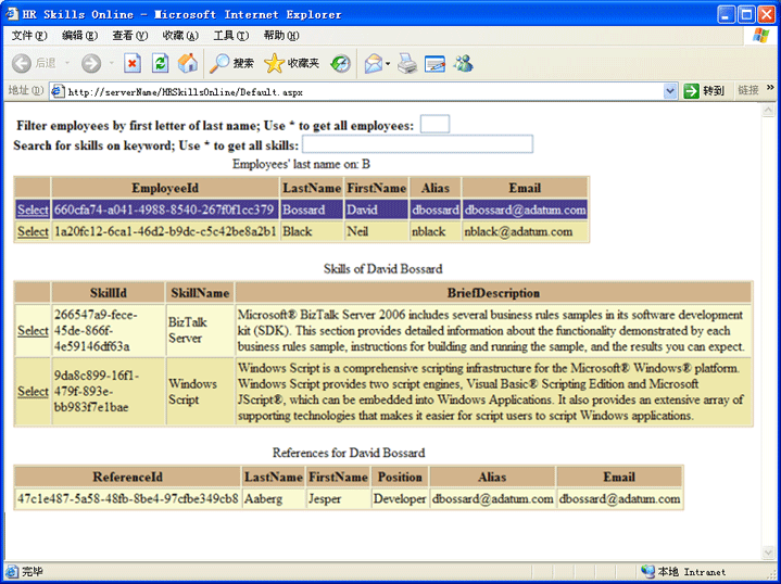 ASP.NET HR 技能应用程序查询结果