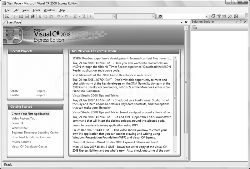 The Start Page for Visual C# 2008 Express. It looks pretty empty now, but that won't last long. You'll be using the Create link on the lefthand side.