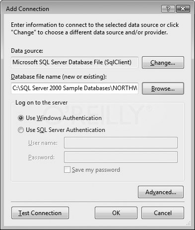 Use the Add Connection dialog box to select the Northwind database and test the connection.
