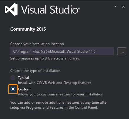 Cross-Plat Xamarin Setup 1 Choosing the Custom option in Visual Studio installation